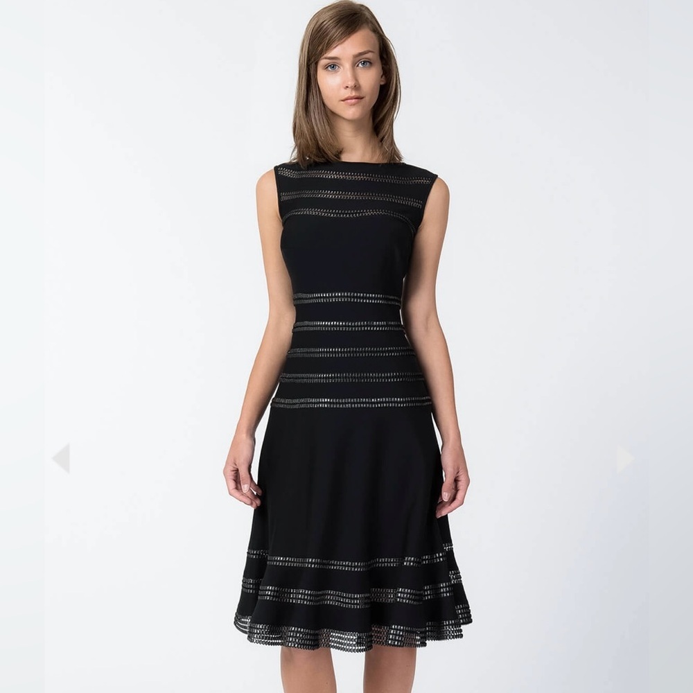 TADASHI SHOJI Cocktail Wedding Metallic Foil Stripe Lace Fit & Flare Dress SZ S